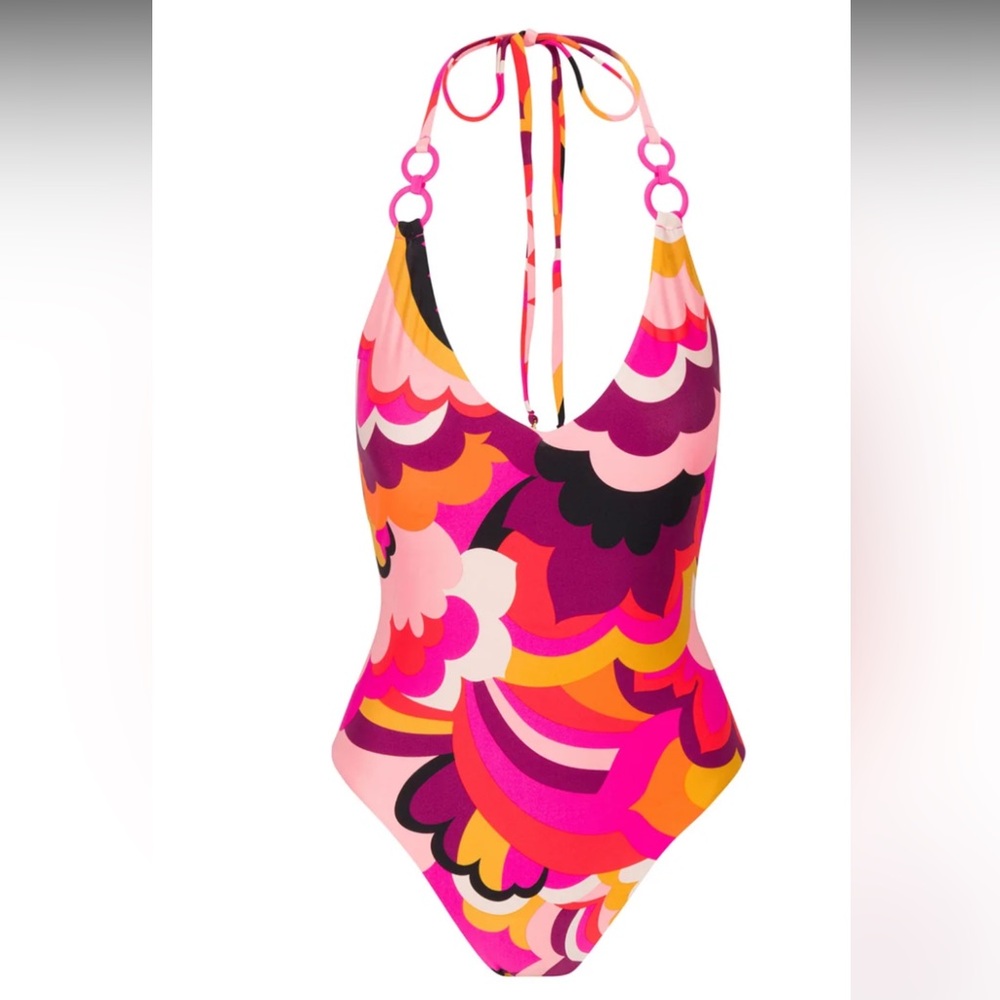 TRINA TURK Women's Fan Faire Twist Back Halter Plunge 1-Piece Swimsuit NWT sz14